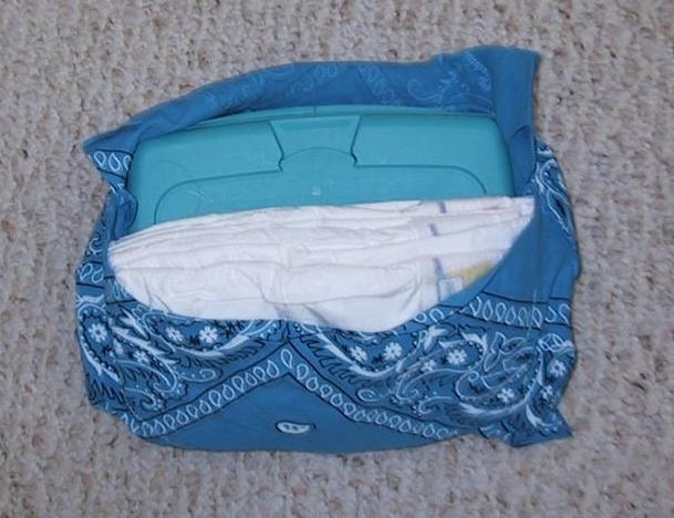Turquoise diaper holder open with one wipes case and 4 diapers, stage 3
